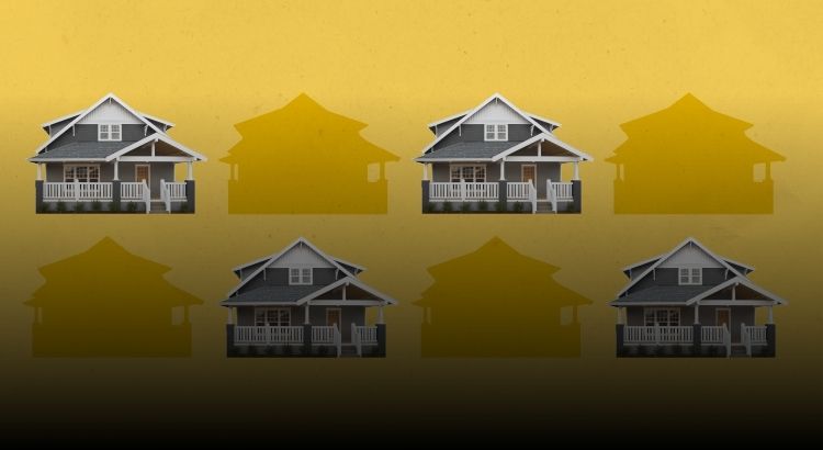 Graphic of houses and outlines of houses against a yellow background